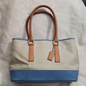 Coach Hampton 7771 Canvas & Leather Tote | Blue & Tan | Snap Sides